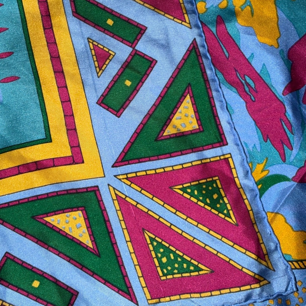 Vintage 100% Silk Hand-Rolled Square Scarf | 34x34 | Colorful Geometric - Picture 2 of 4